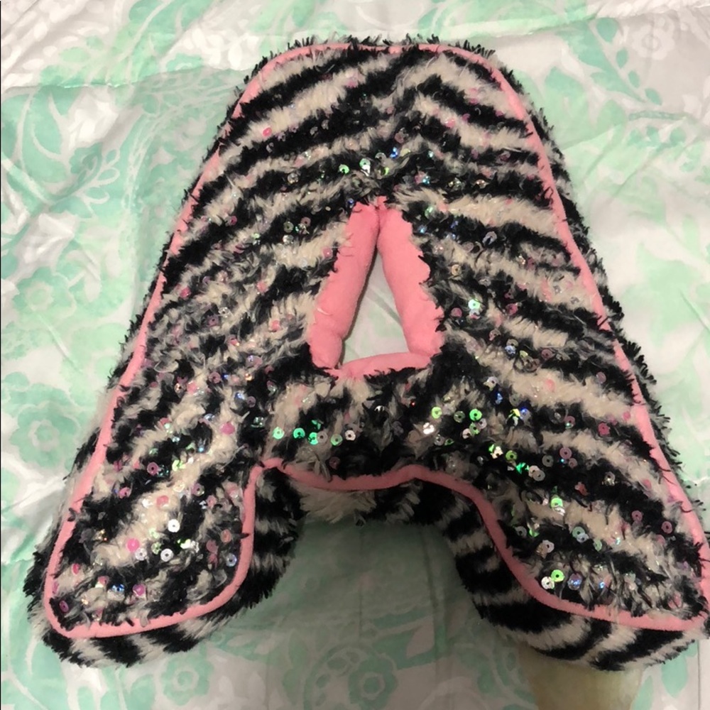 Justice - zebra, sequence, pink lining, “A” pillow